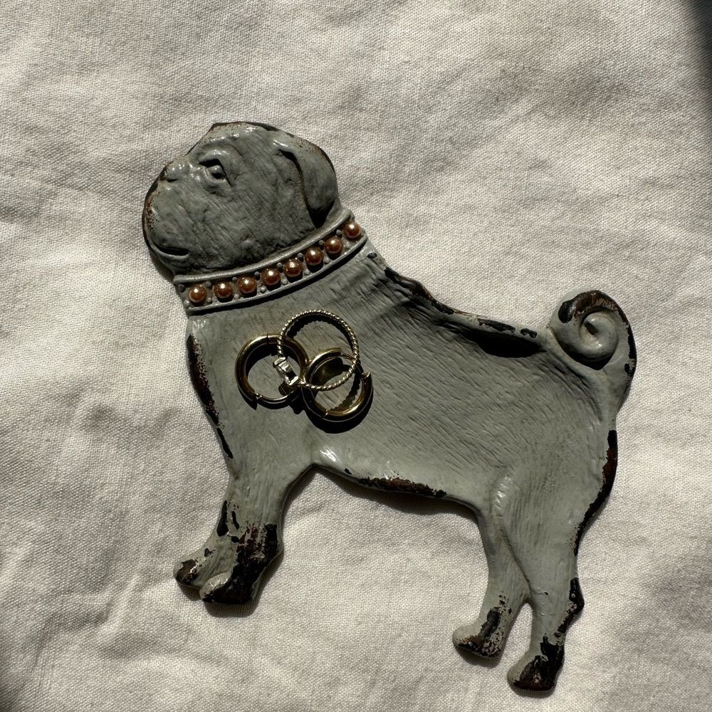 Vintage Cast Iron Pug Ring Jewelry Dish Patina